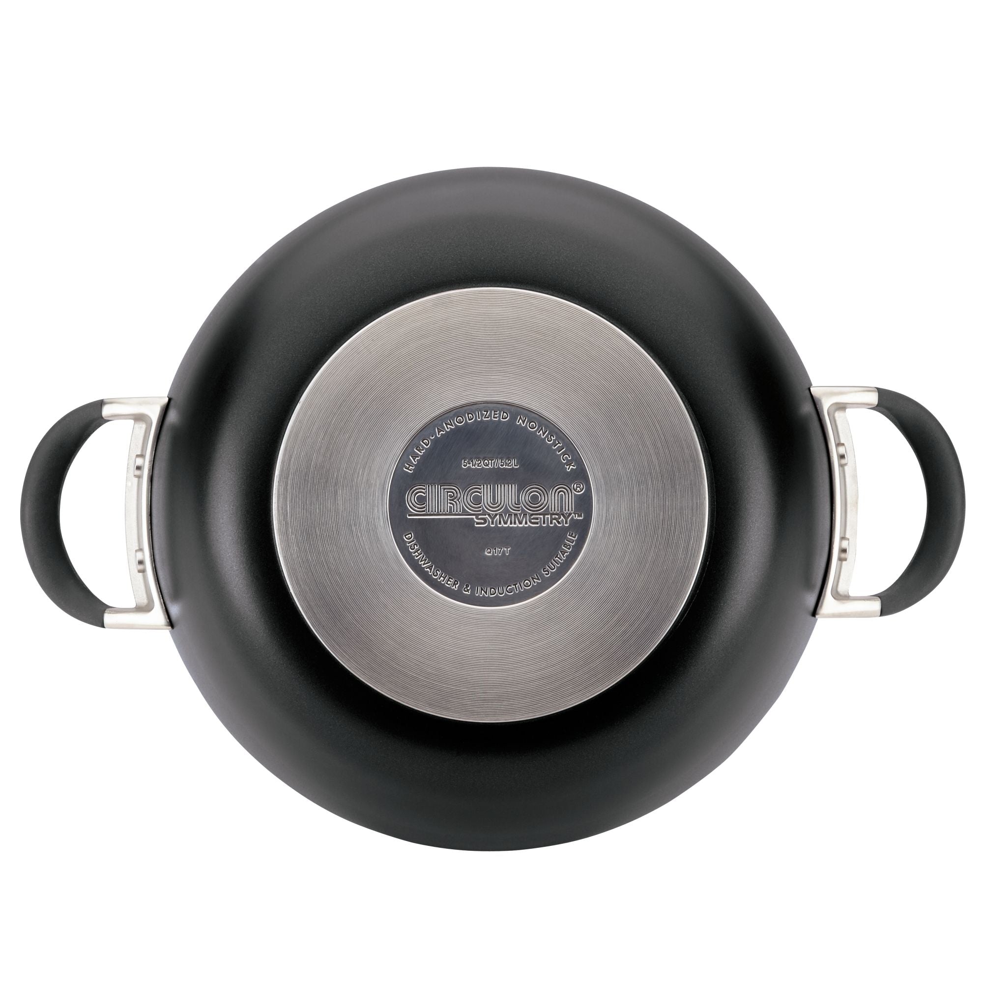Bottom view of a black pot with metal handles and circular base design.
