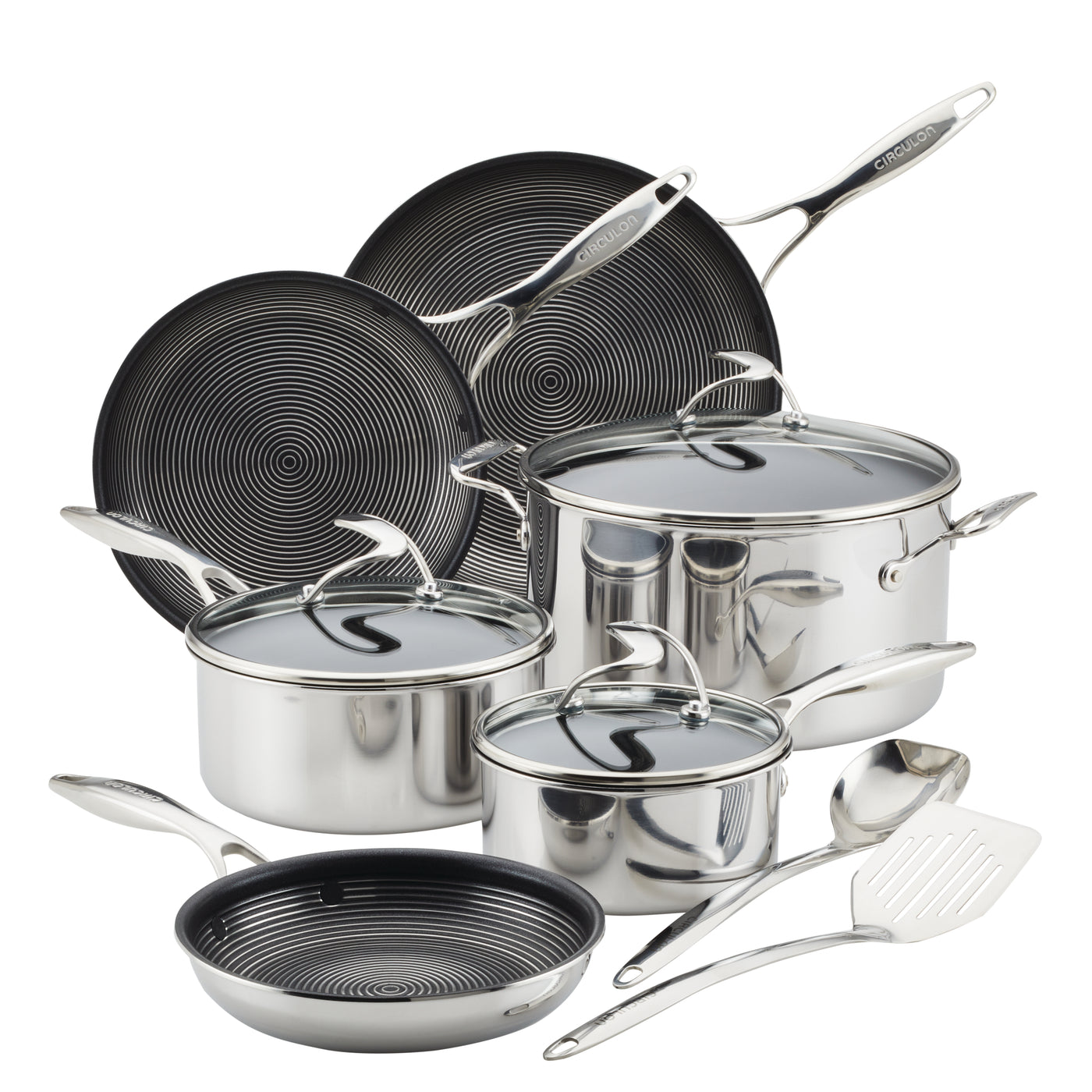 Set of stainless steel cookware with lids and utensils.
