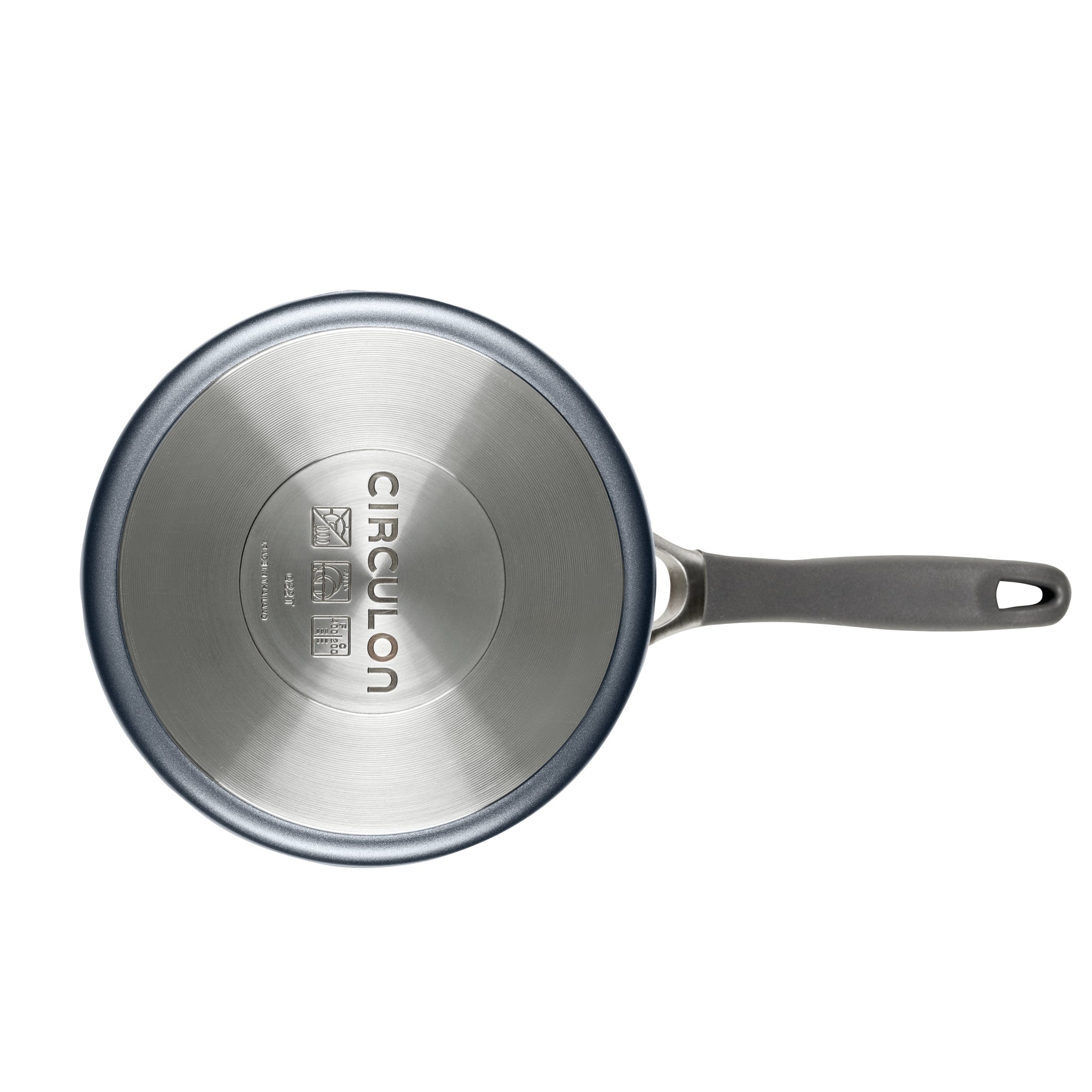A metal Circulon saucepan with a black handle, viewed from above.