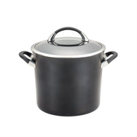 Black cooking pot with a lid and two handles.