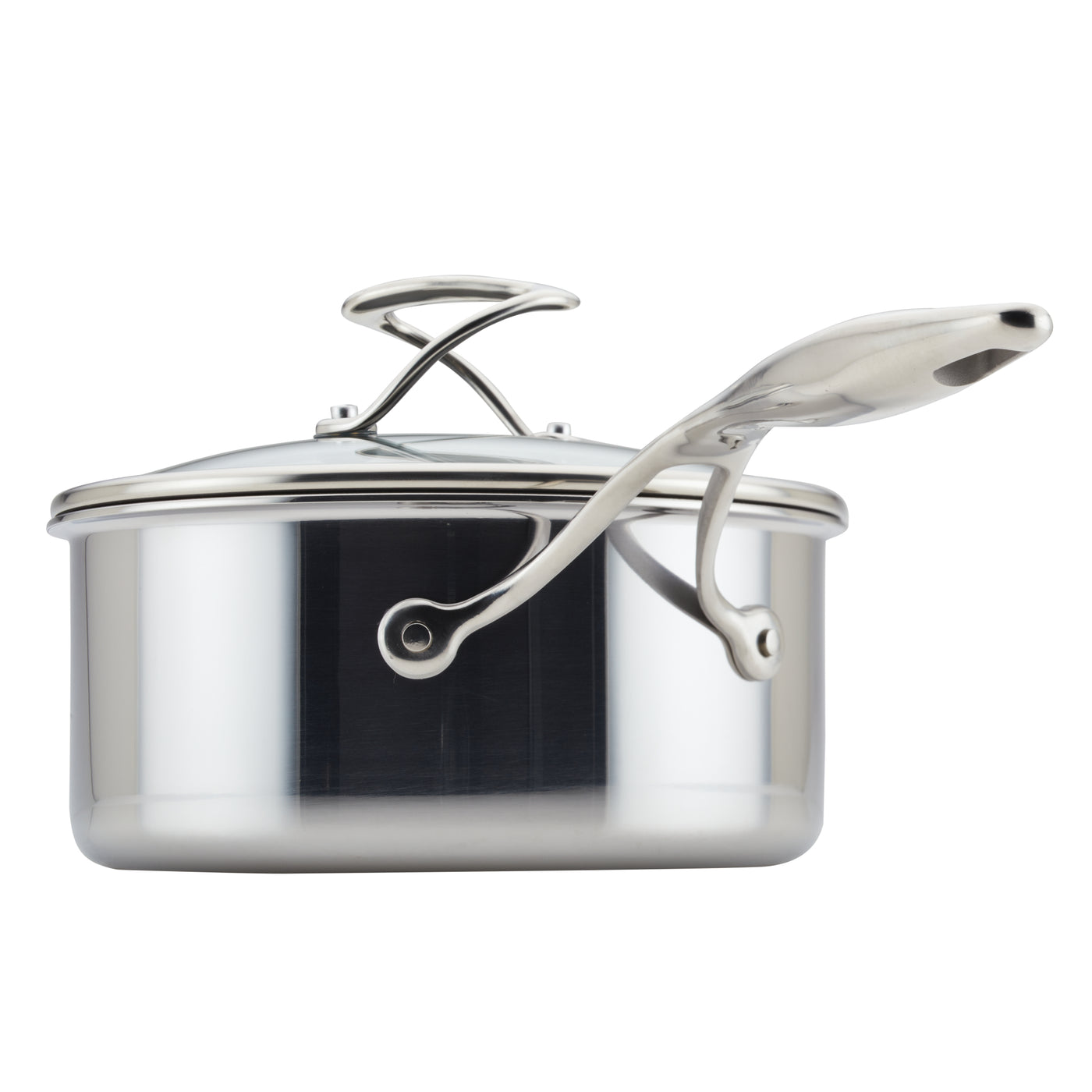 Stainless steel saucepan with lid and curved handle.