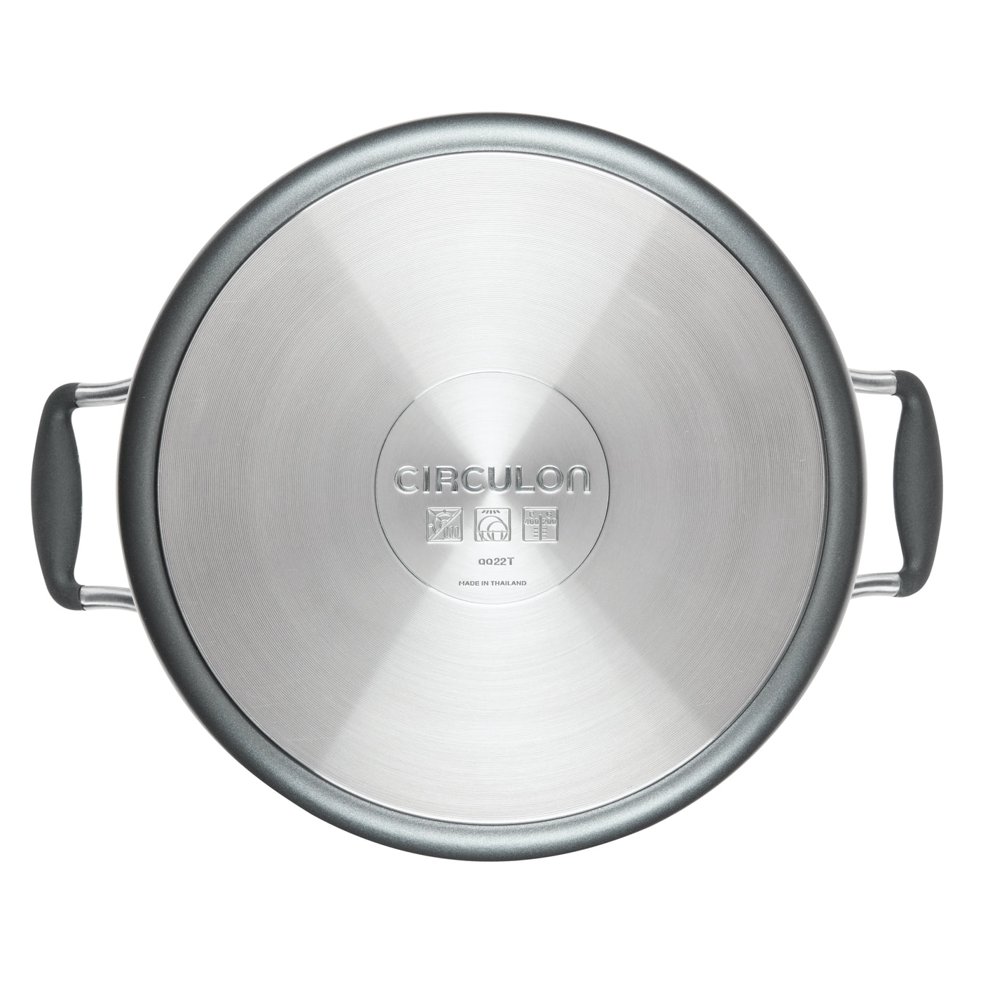 Top view of a silver and gray Circulon pot lid with side handles.