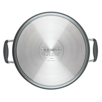 Top view of a silver and gray Circulon pot lid with side handles.