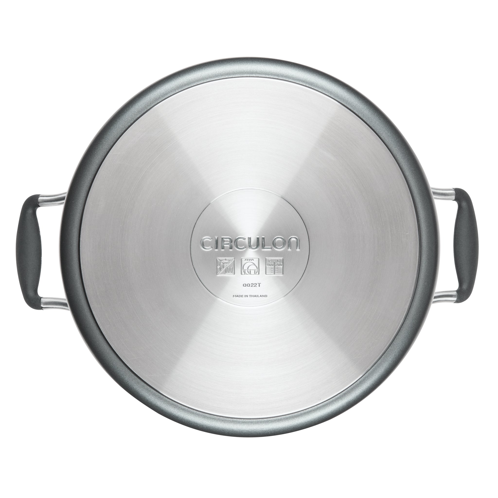 Top view of a silver and gray Circulon pot lid with side handles.