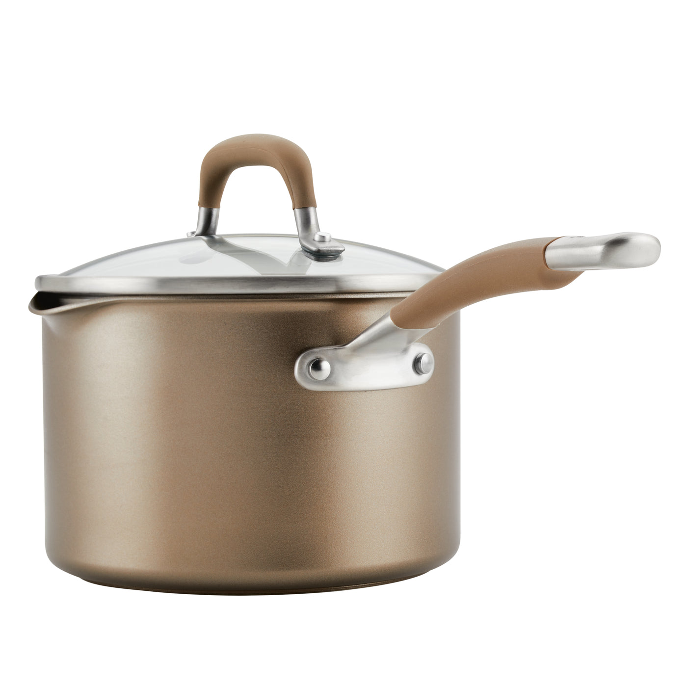 Brown saucepan with lid and handle on a white background.