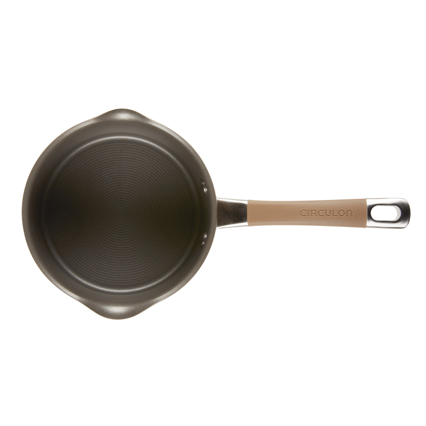 Top view of a small saucepan with a brown handle.