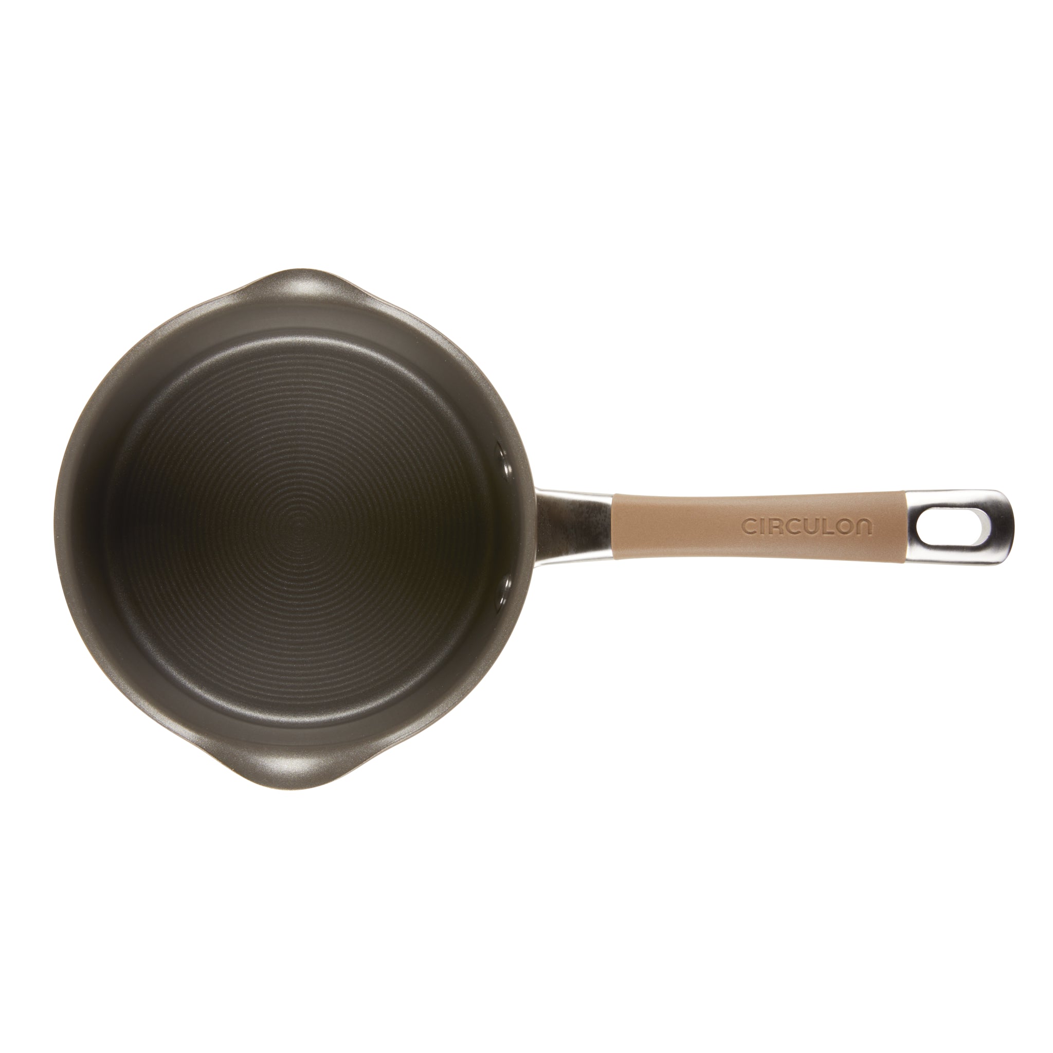 Top view of a small saucepan with a brown handle.