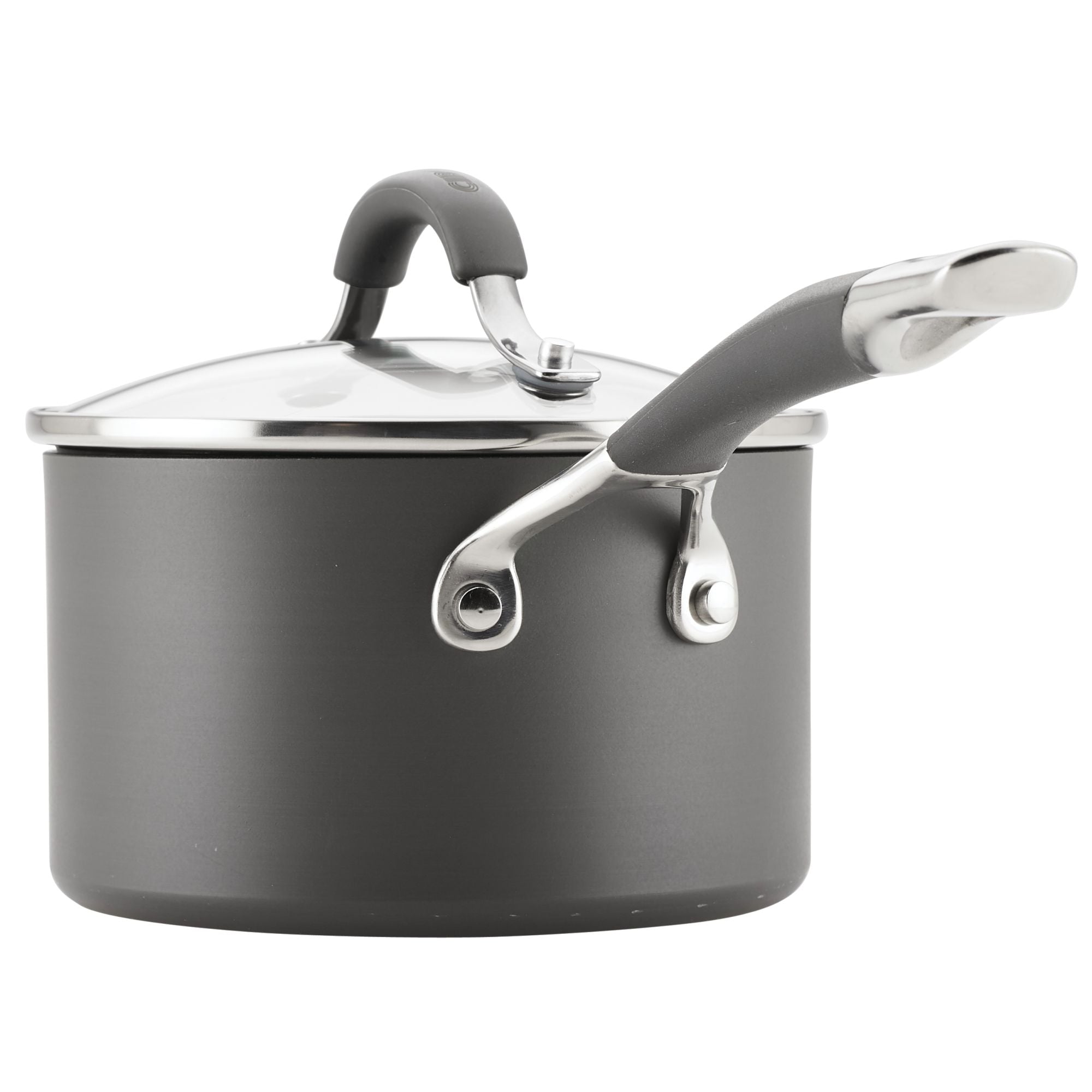 A gray saucepan with a lid and two handles.
