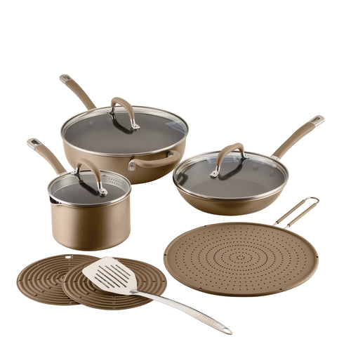 Brown 10-Piece ScratchDefense Nonstick Cookware Set with lids & utensils.
