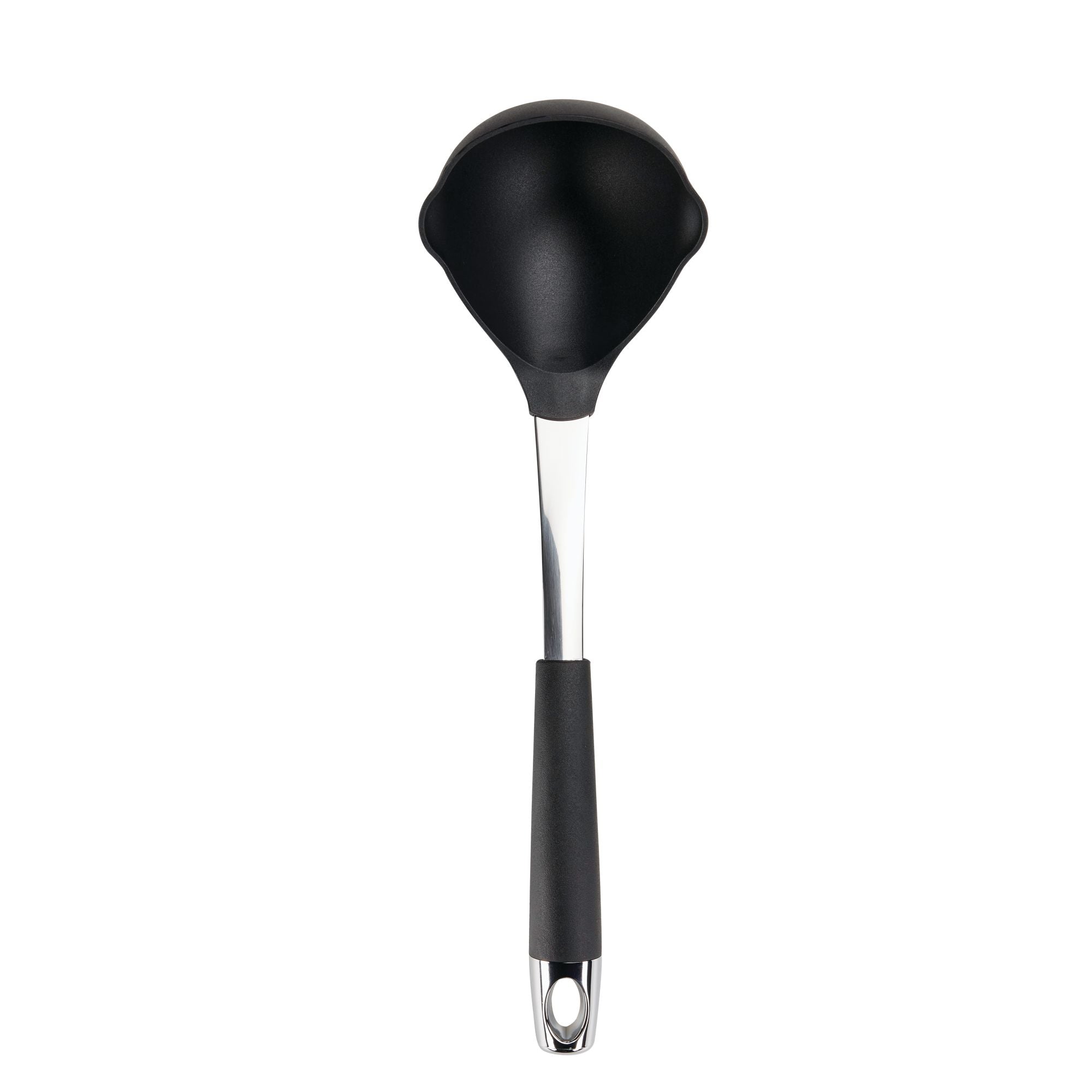 This sleek black ladle, from the Kitchen Utensils 5-Piece Cooking Set, features a stainless steel and rubberized handle, making it an essential addition to your kitchen tools. It coordinates effortlessly with other utensils in the Circulon collection for a cohesive and functional cooking experience.