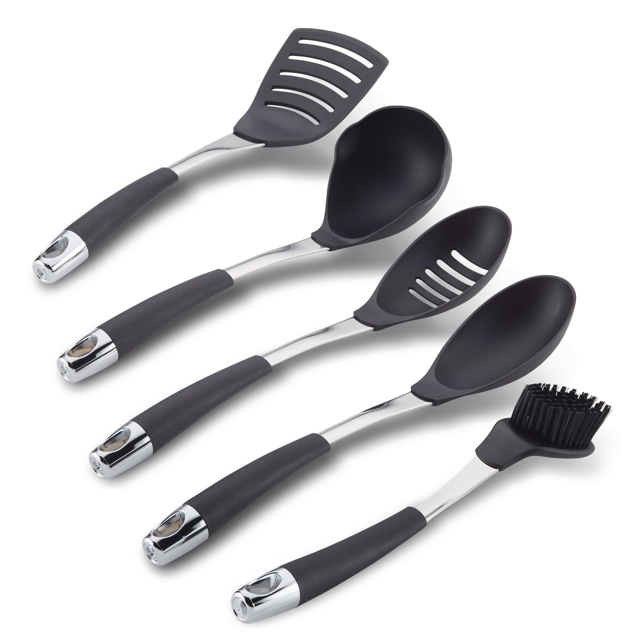Five kitchen utensils from the Circulon Kitchen Utensils 5-Piece Cooking Set, featuring sleek silver rubberized handles and a black finish, laid in a row.