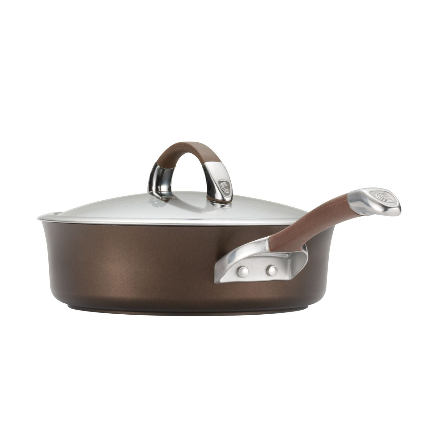 Brown saucepan with a lid and handle on a white background.