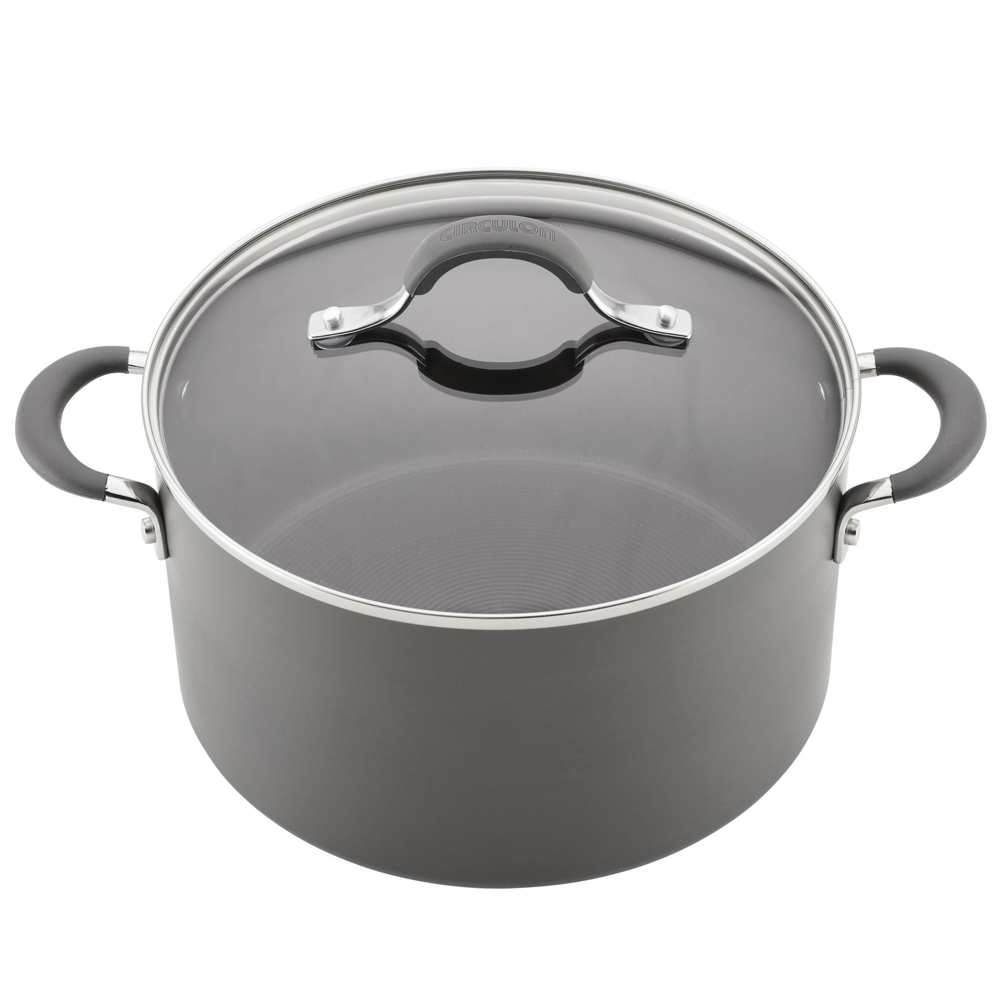A black cooking pot with a glass lid and two handles.