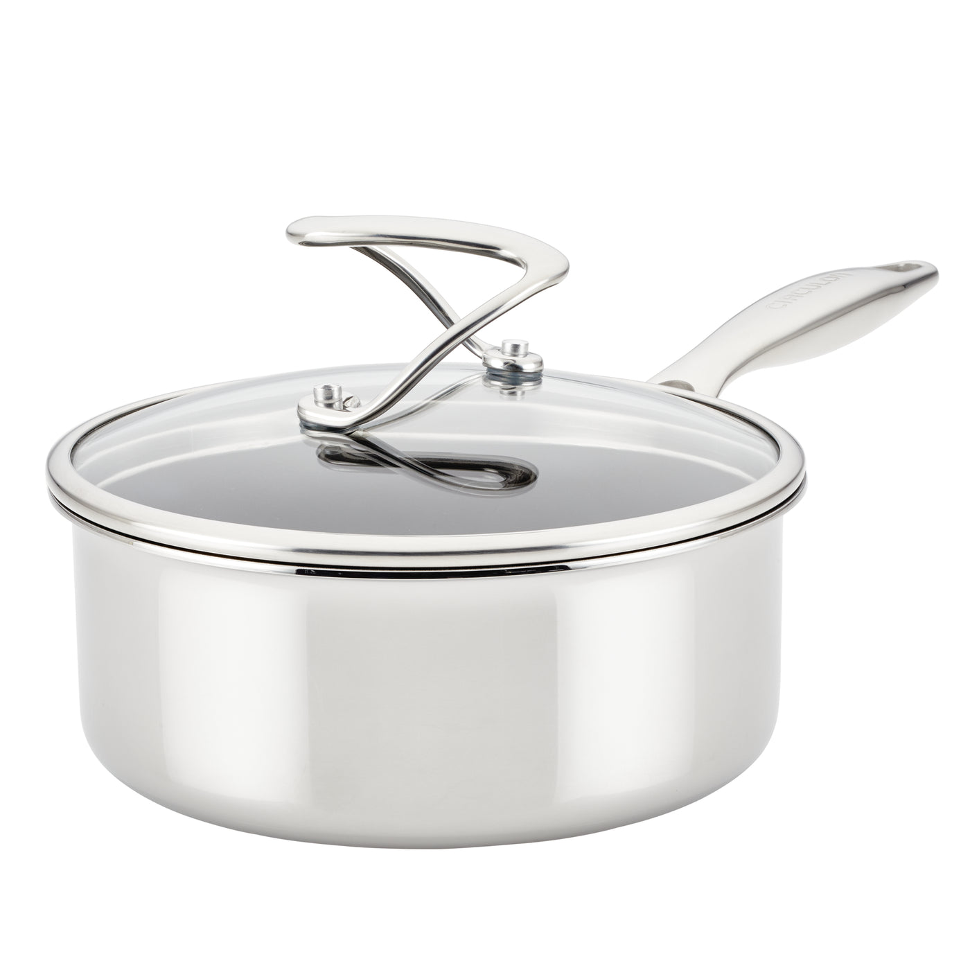 Stainless steel saucepan with a glass lid and curved handle.