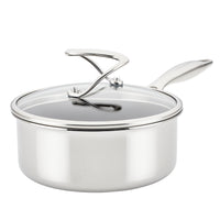 Stainless steel saucepan with a glass lid and curved handle.