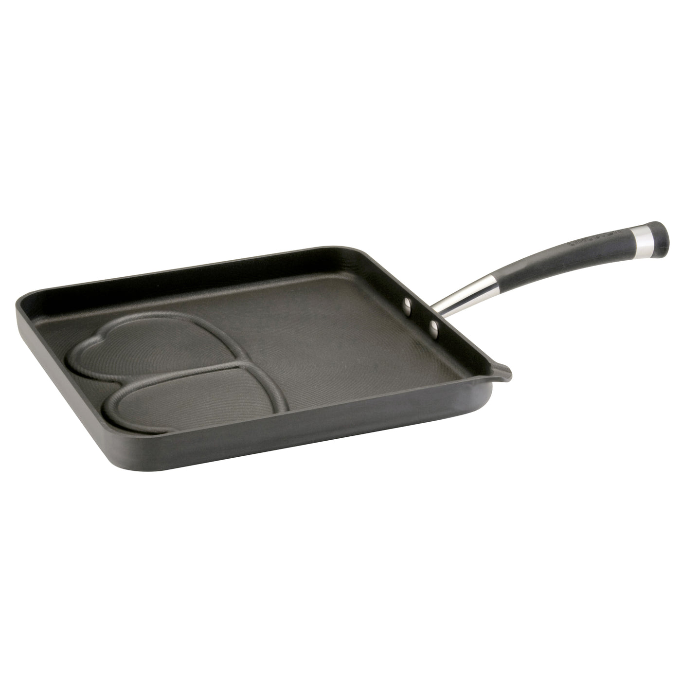 Square griddle pan with heart-shaped sections and a black handle.
