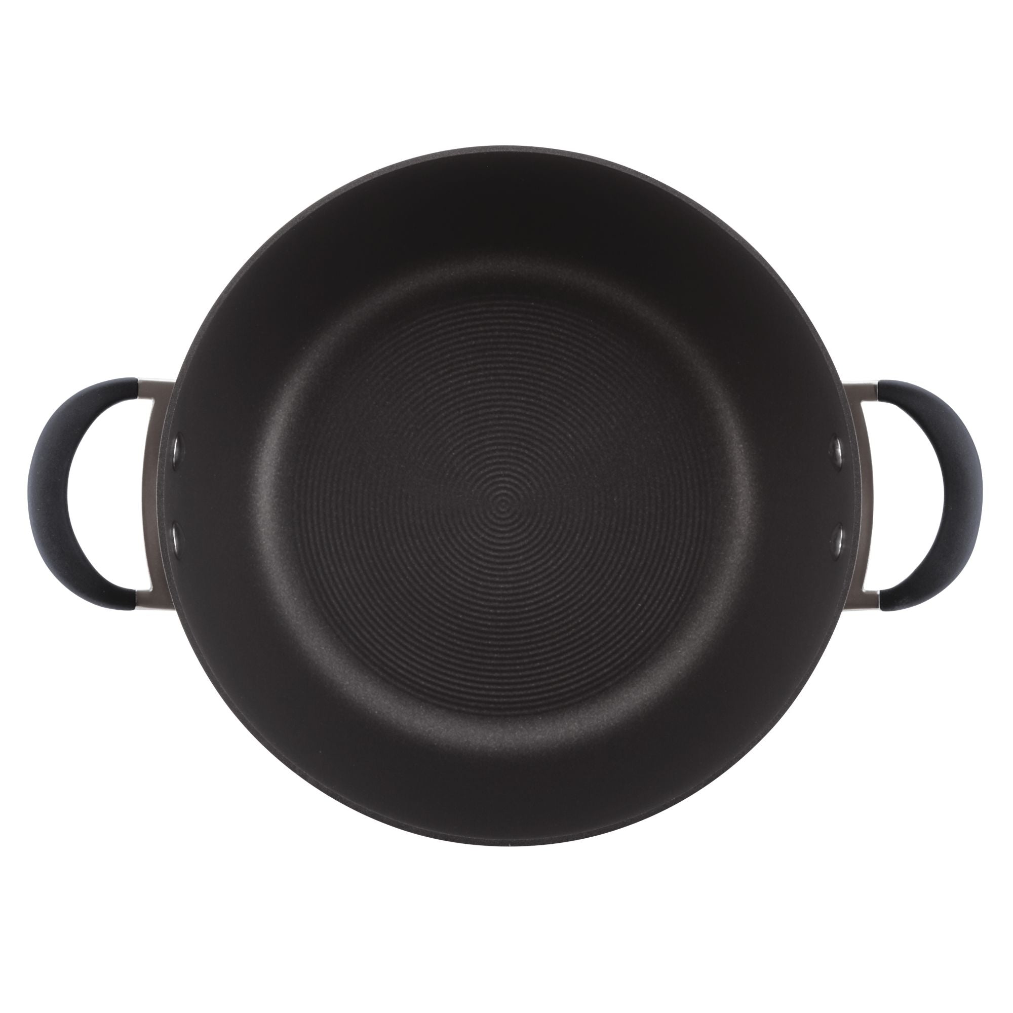 Black non-stick frying pan with two handles on a white background.