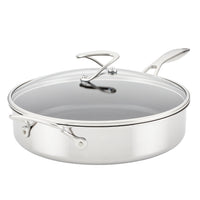 Stainless steel saucepan with a glass lid and two handles.