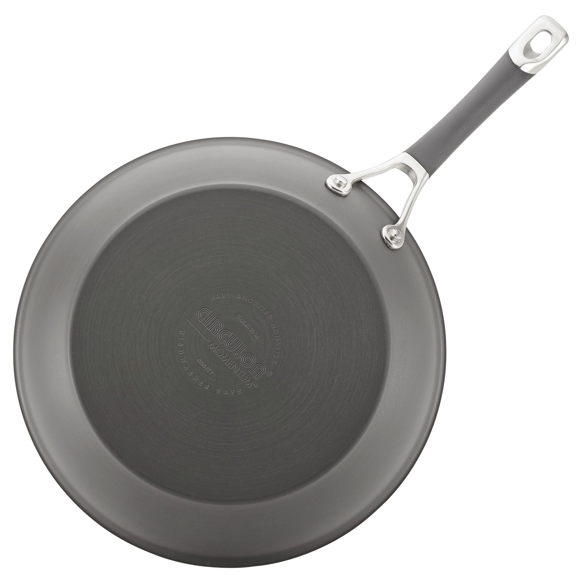 A gray circular frying pan from the 3-Piece Nonstick Frying Pan Set features a metal handle and is crafted from hard-anodized cookware, viewed from above. This nonstick frying pan is dishwasher safe, making cleaning effortless after each use.