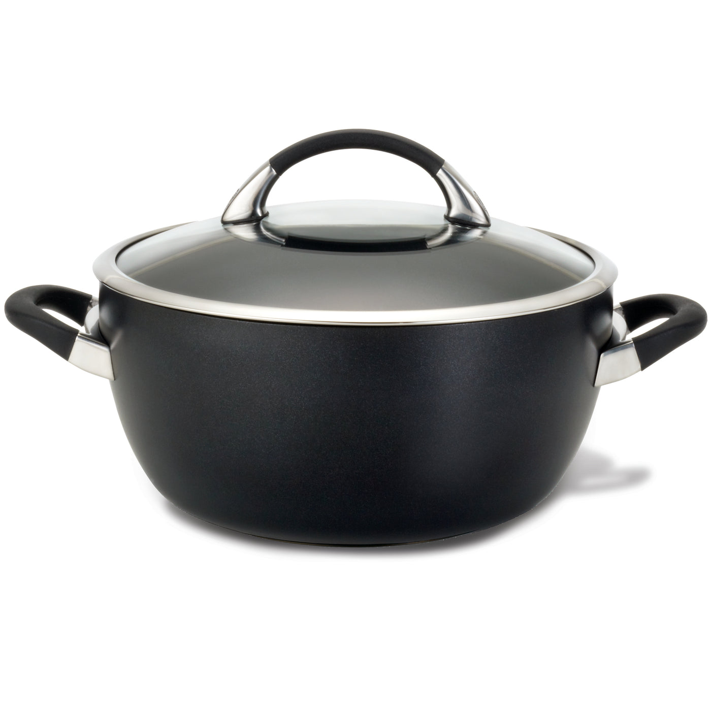 A black cooking pot with a glass lid and two handles.