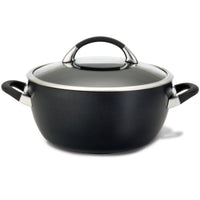 A black cooking pot with a glass lid and two handles.