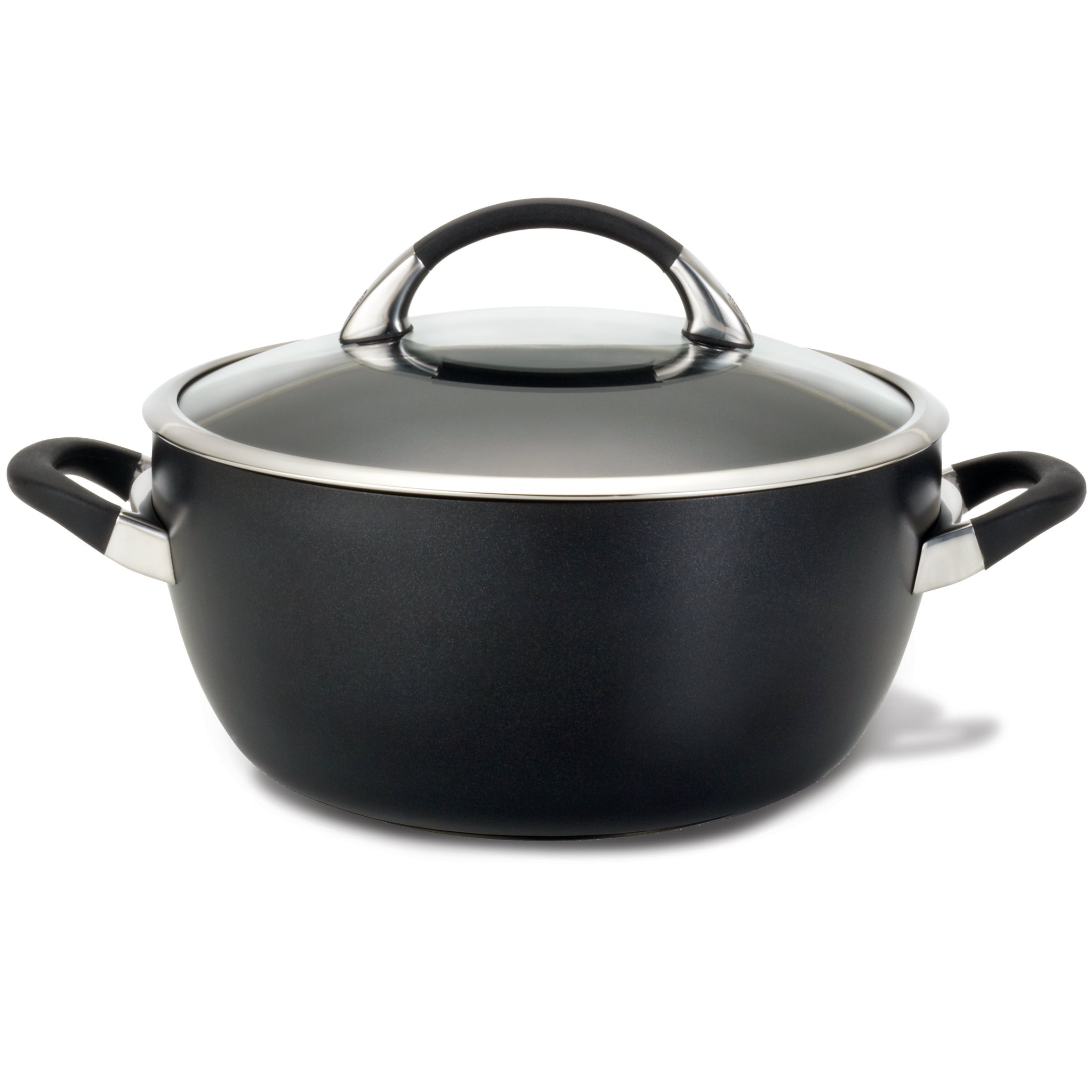A black cooking pot with a glass lid and two handles.