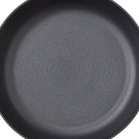 Close-up of an empty, round, non-stick frying pan with a textured surface.