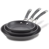 The 3-Piece Nonstick Frying Pan Set includes three nested gray frying pans, featuring silver and black handles, crafted from hard-anodized cookware for effortless cooking. They are dishwasher safe for easy cleanup.