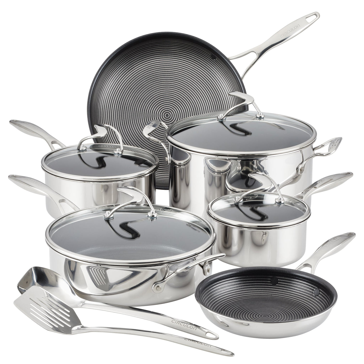Set of silver pots and pans with black lids and non-stick interiors.