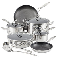 Set of silver pots and pans with black lids and non-stick interiors.