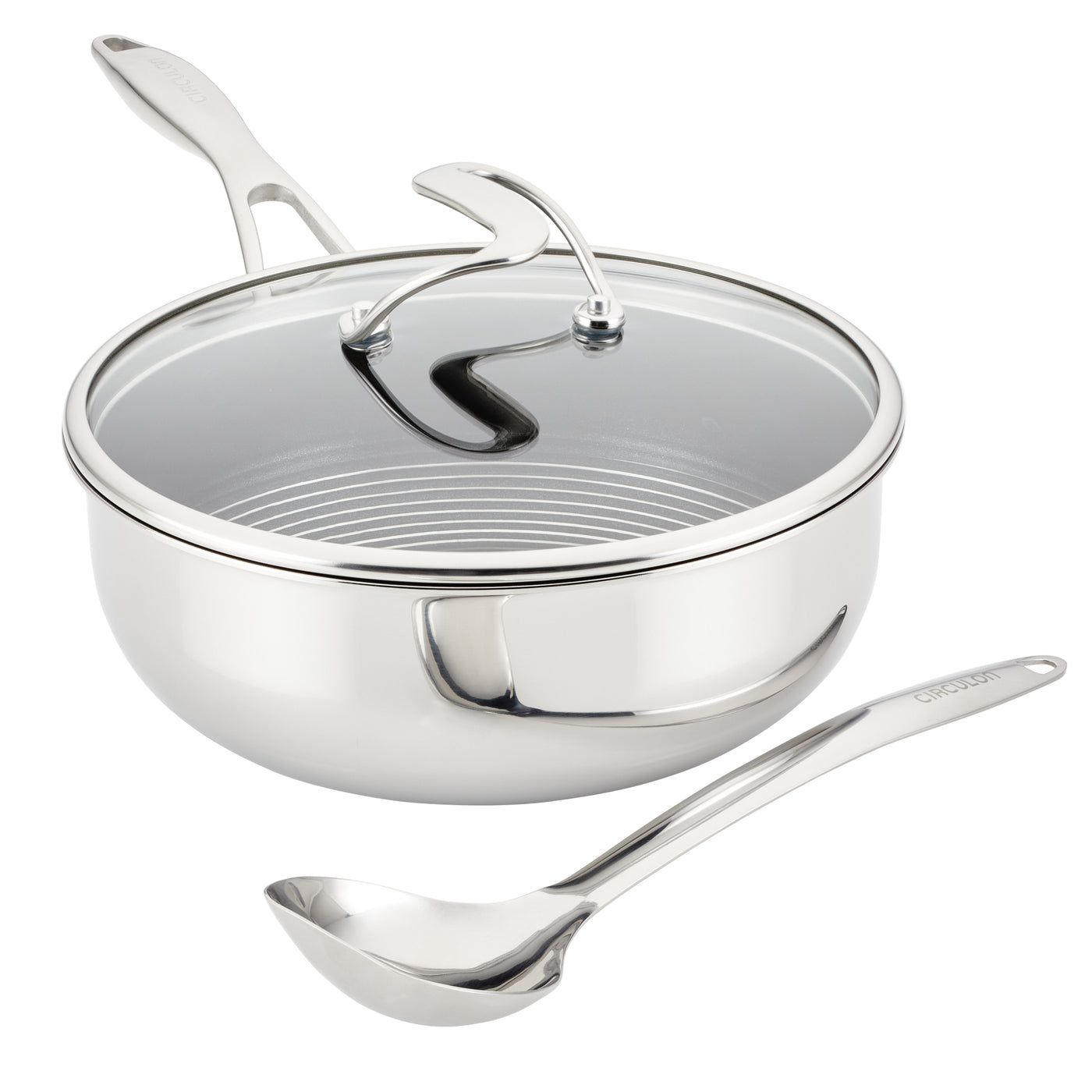 Stainless steel pot with glass lid and matching ladle on display.