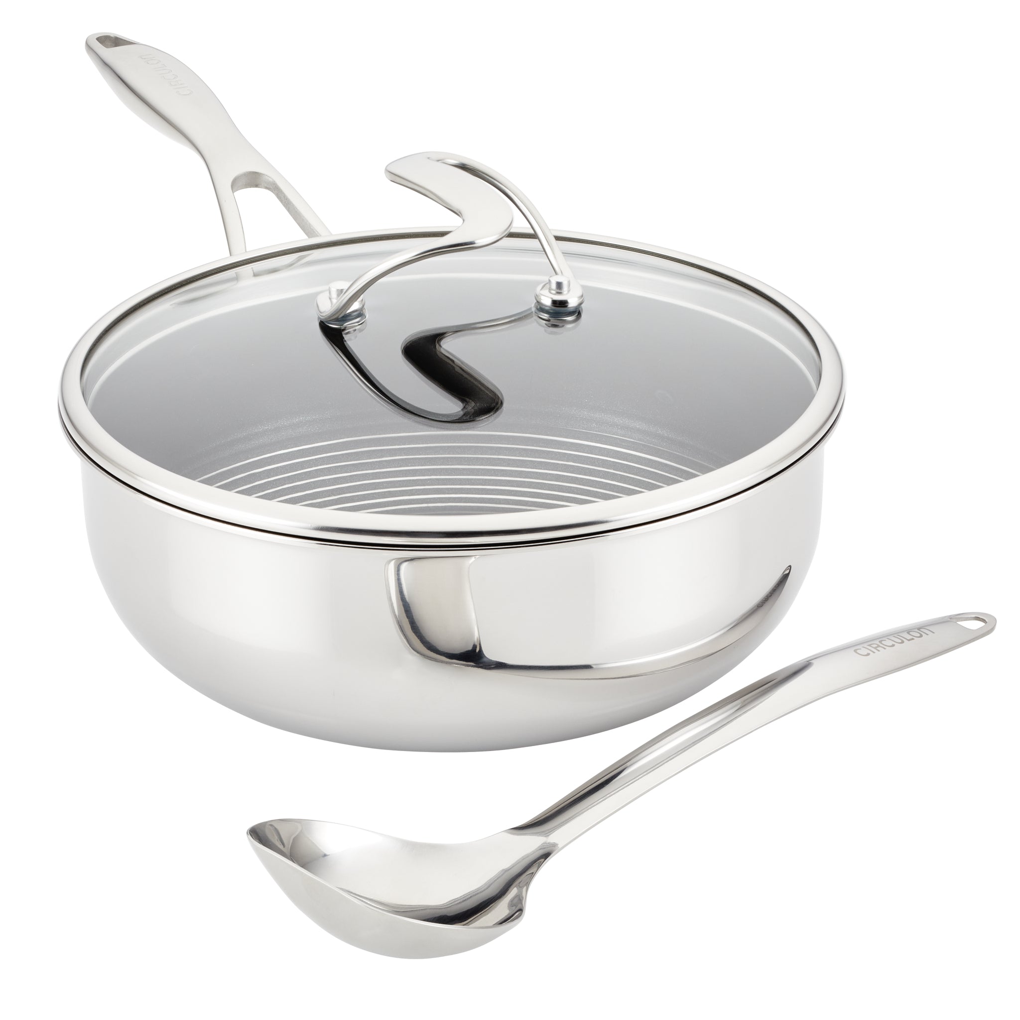 Stainless steel pot with glass lid and matching ladle on display.