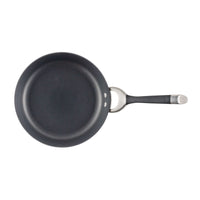 Nonstick frying pan with a metal handle viewed from above.