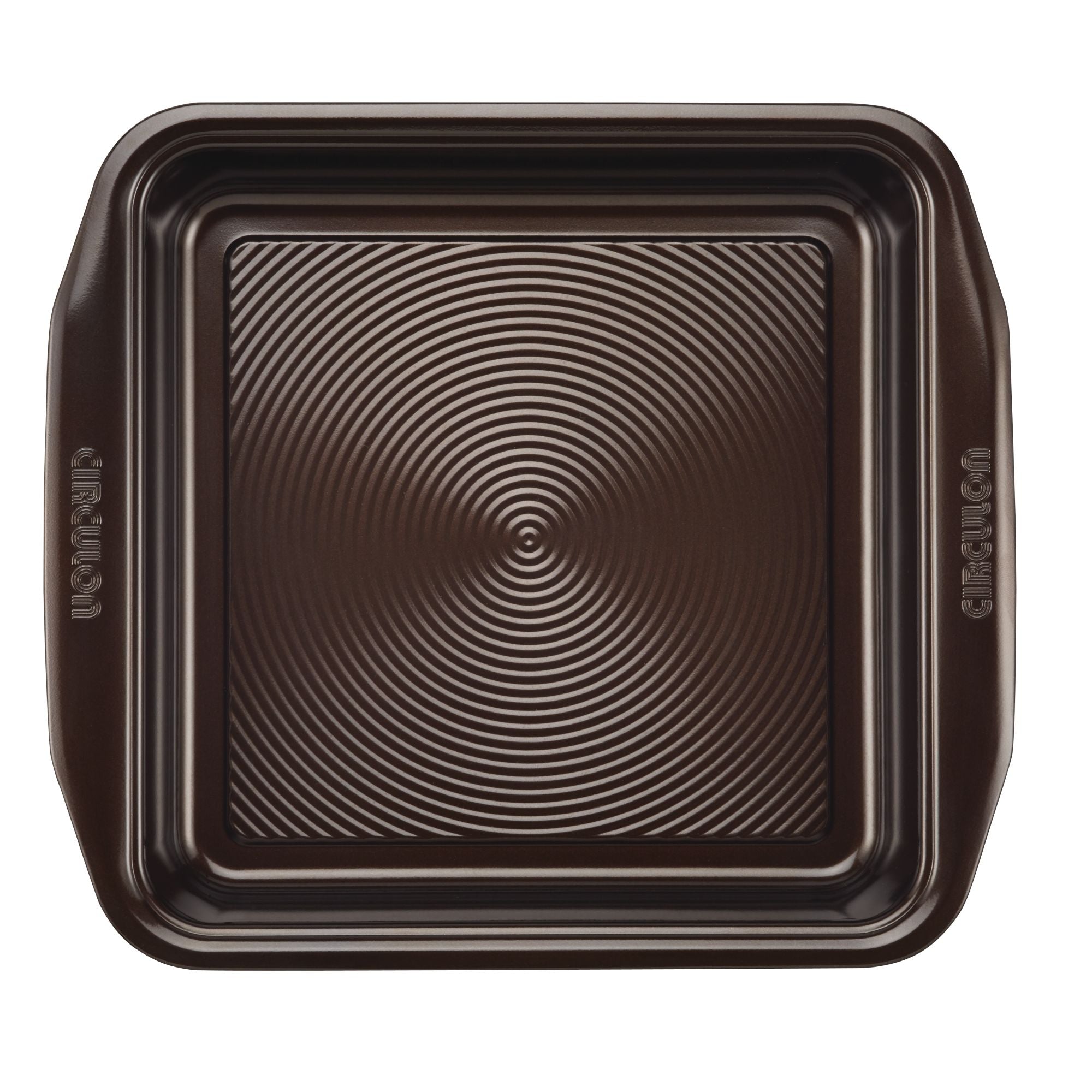 The 9-Inch Nonstick Square Cake Pan is crafted from durable steel and features a ridged surface along with integrated handles.