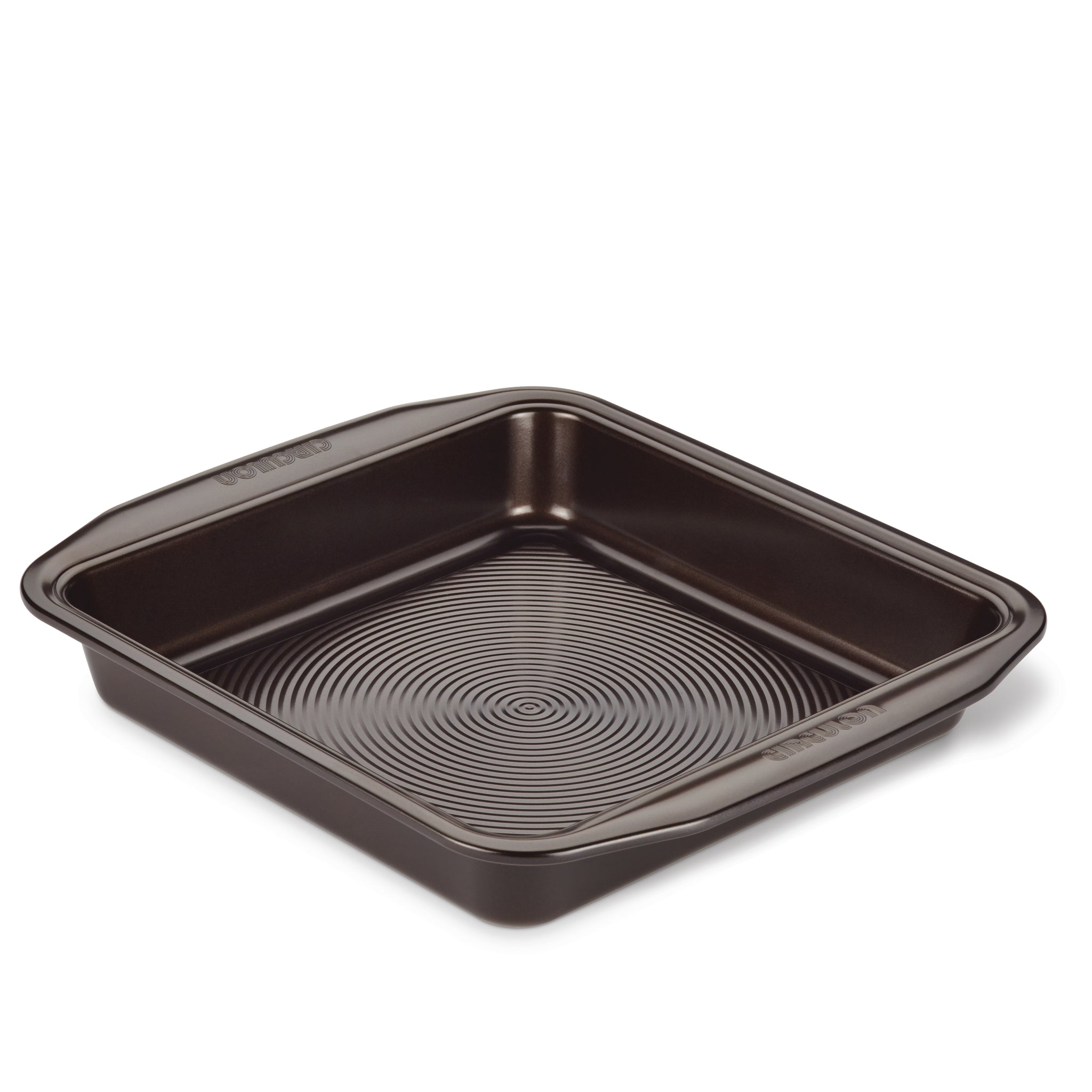 9-Inch Nonstick Square Cake Pan with a grooved bottom and handles, crafted from durable steel.