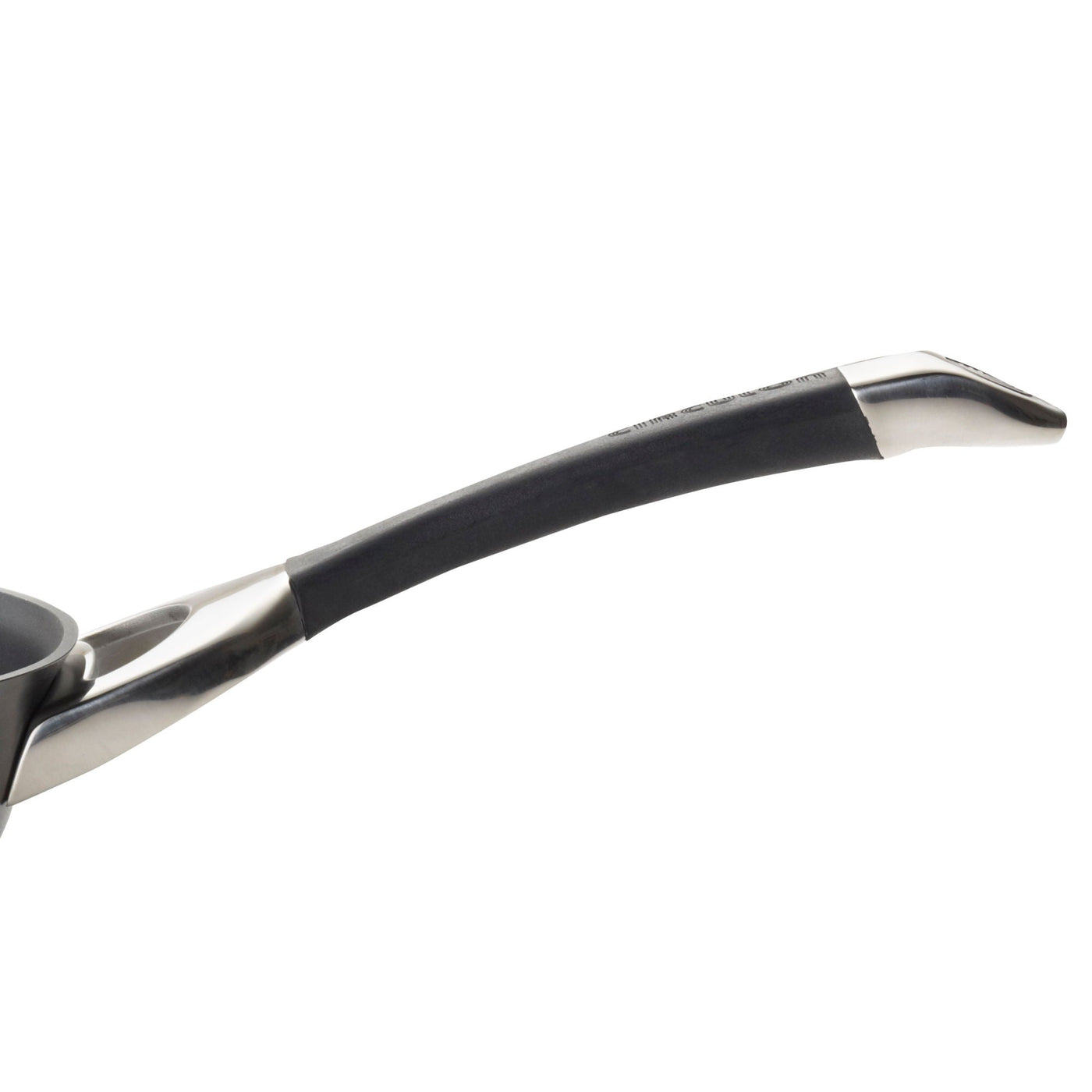 Close-up of a black and silver saucepan handle.
