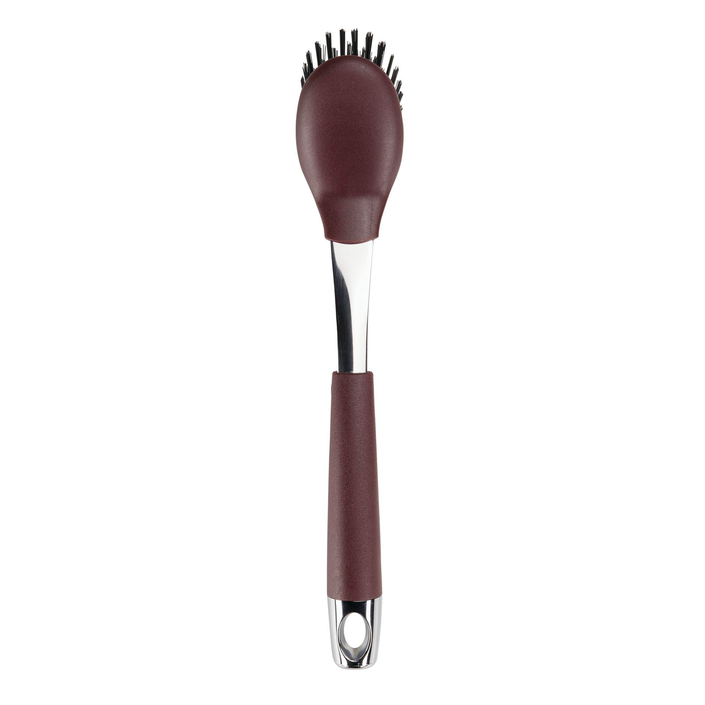 Burgundy dish brush with black bristles and a sleek metal handle, a perfect complement to the Kitchen Utensils 5-Piece Cooking Set.