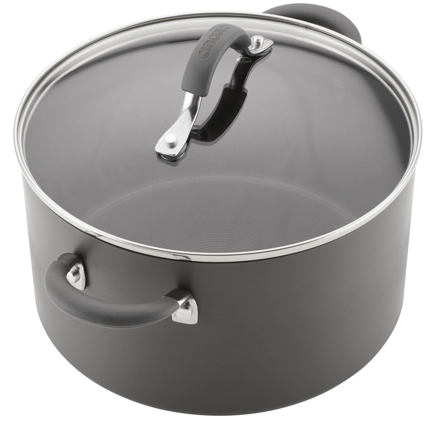 Large black pot with a glass lid and side handles.