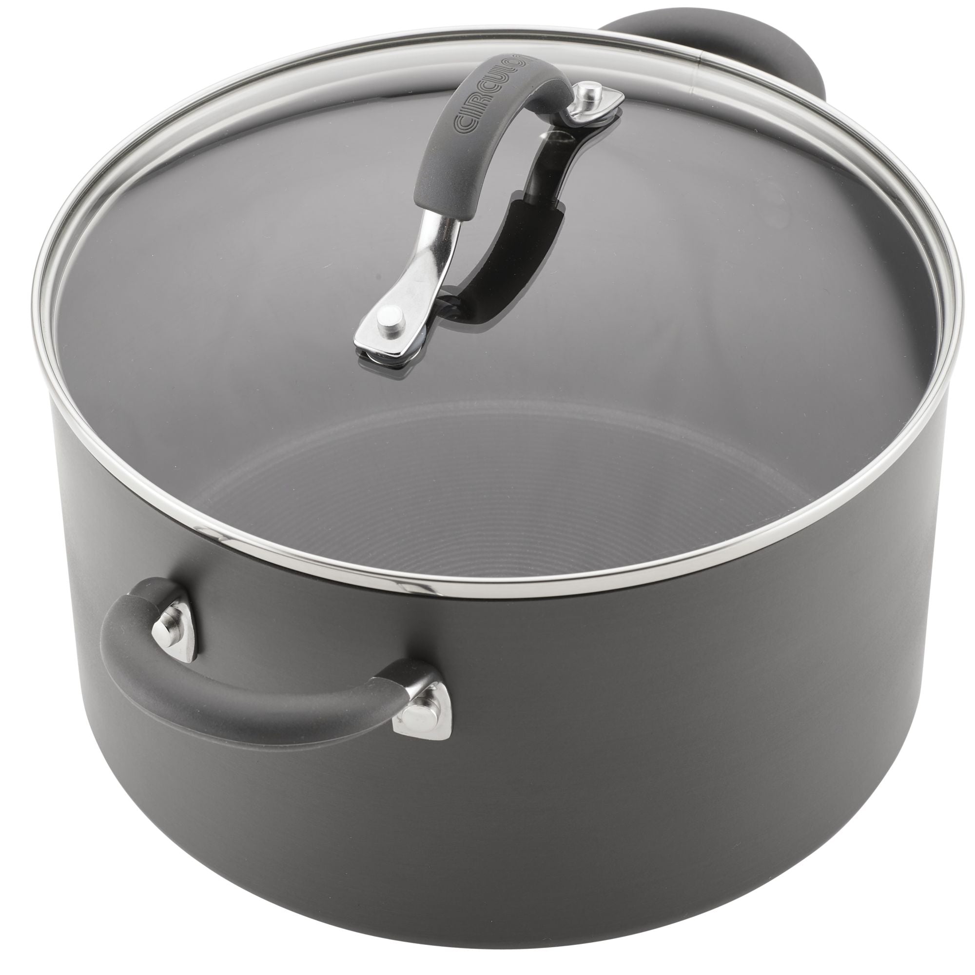 Large black pot with a glass lid and side handles.