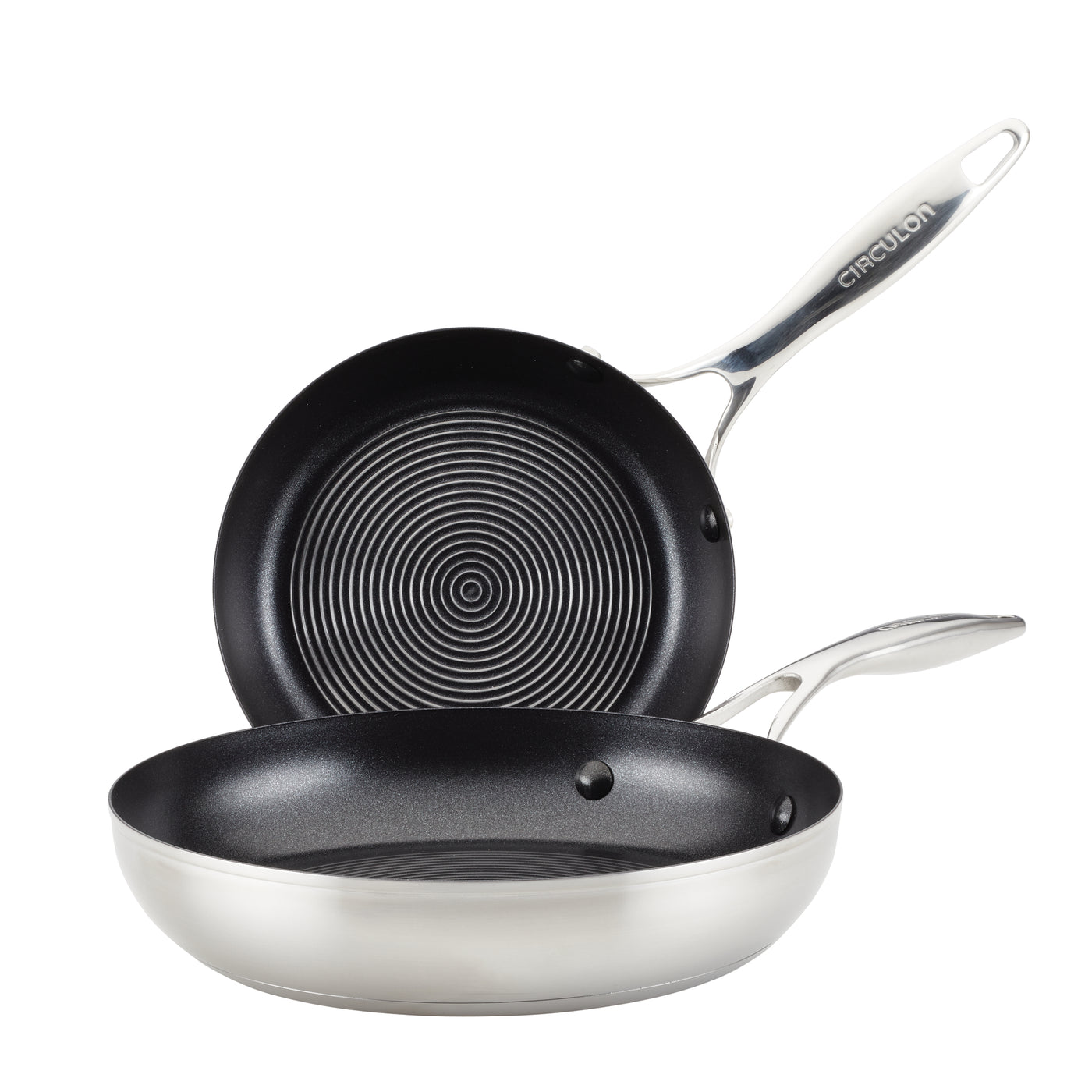 Two non-stick frying pans with stainless steel handles.