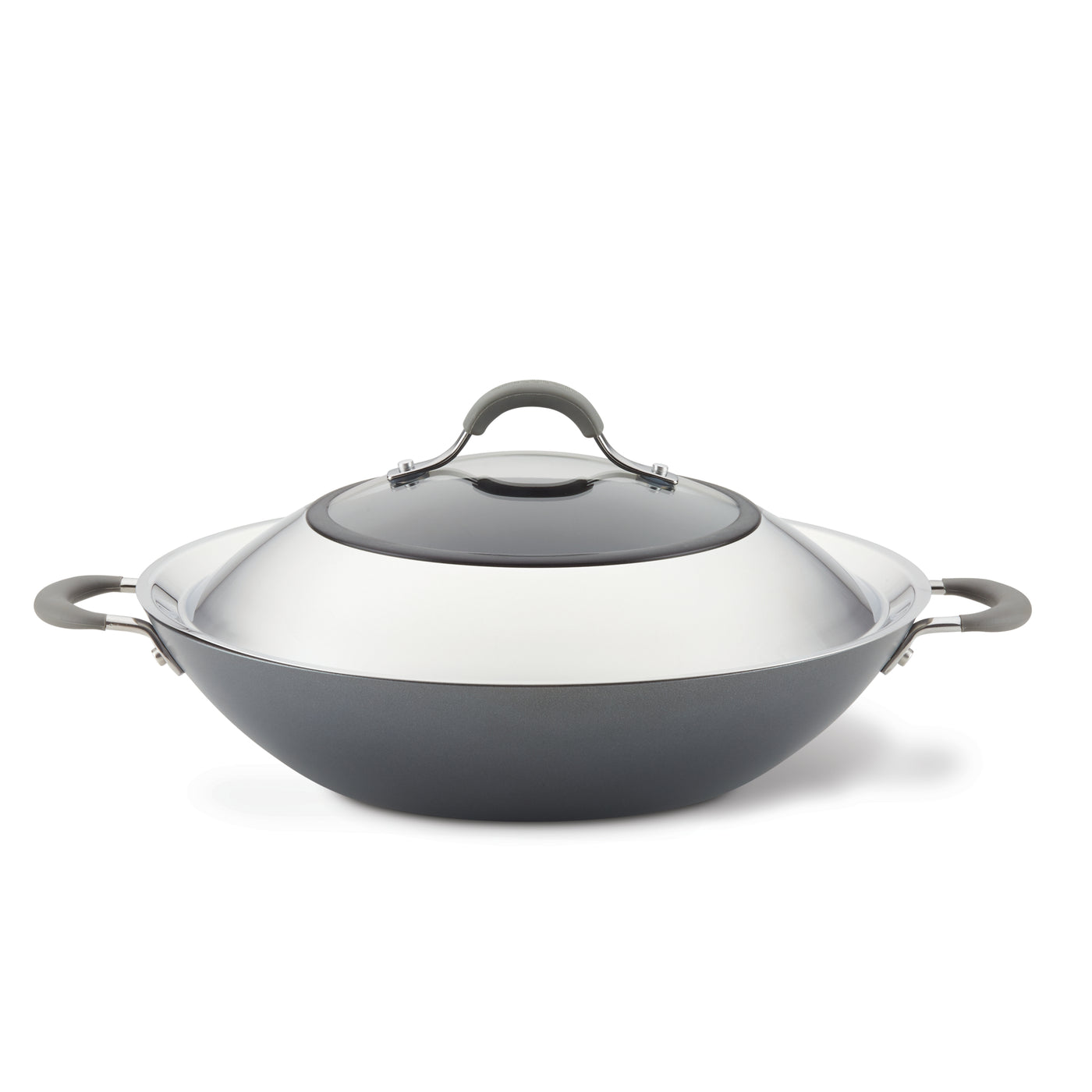 A 14-inch wok made of hard-anodized aluminum with a nonstick system, featuring convenient side handles and including a lid.