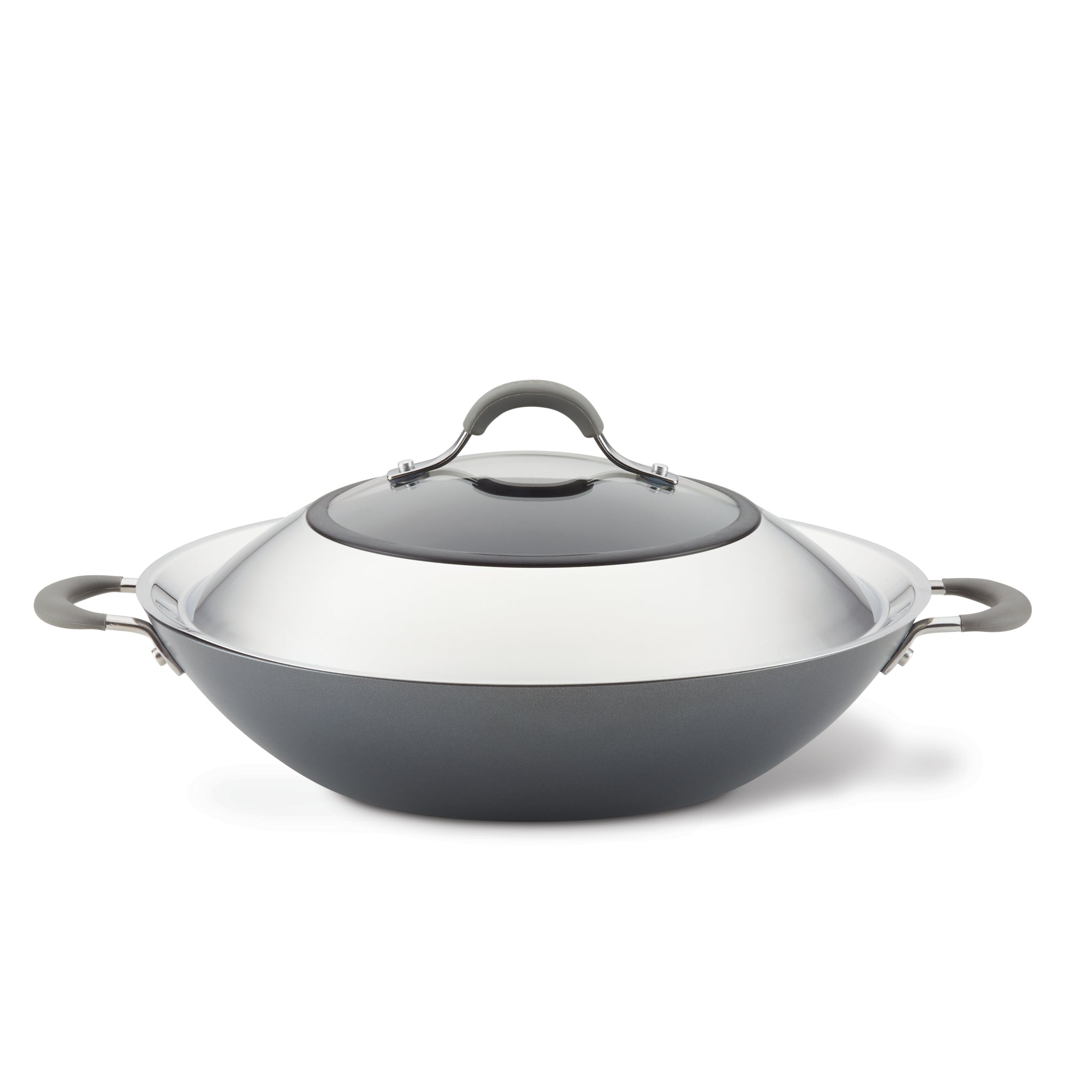 A 14-inch wok made of hard-anodized aluminum with a nonstick system, featuring convenient side handles and including a lid.