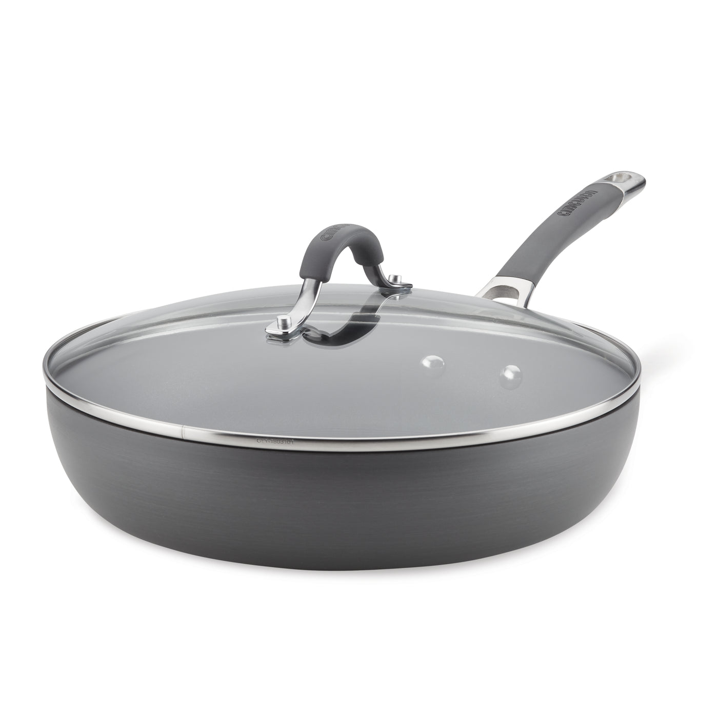 12-Inch Nonstick Deep Frying Pan in gray with a glass lid and rubberized handle, showcasing an advanced nonstick system, isolated on white.