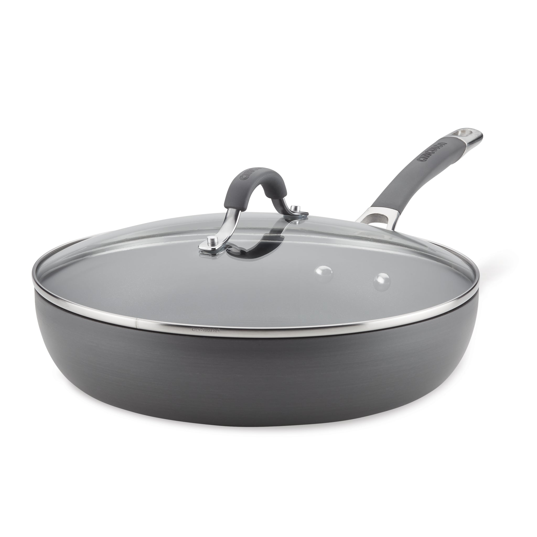 12-Inch Nonstick Deep Frying Pan in gray with a glass lid and rubberized handle, showcasing an advanced nonstick system, isolated on white.