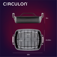 Durable steel Roasting Pan: Nonstick Roaster Pan with Easy Serve Rack, featuring nonstick handles and a removable rack; dimensions: 18" x 13.25" x 6".