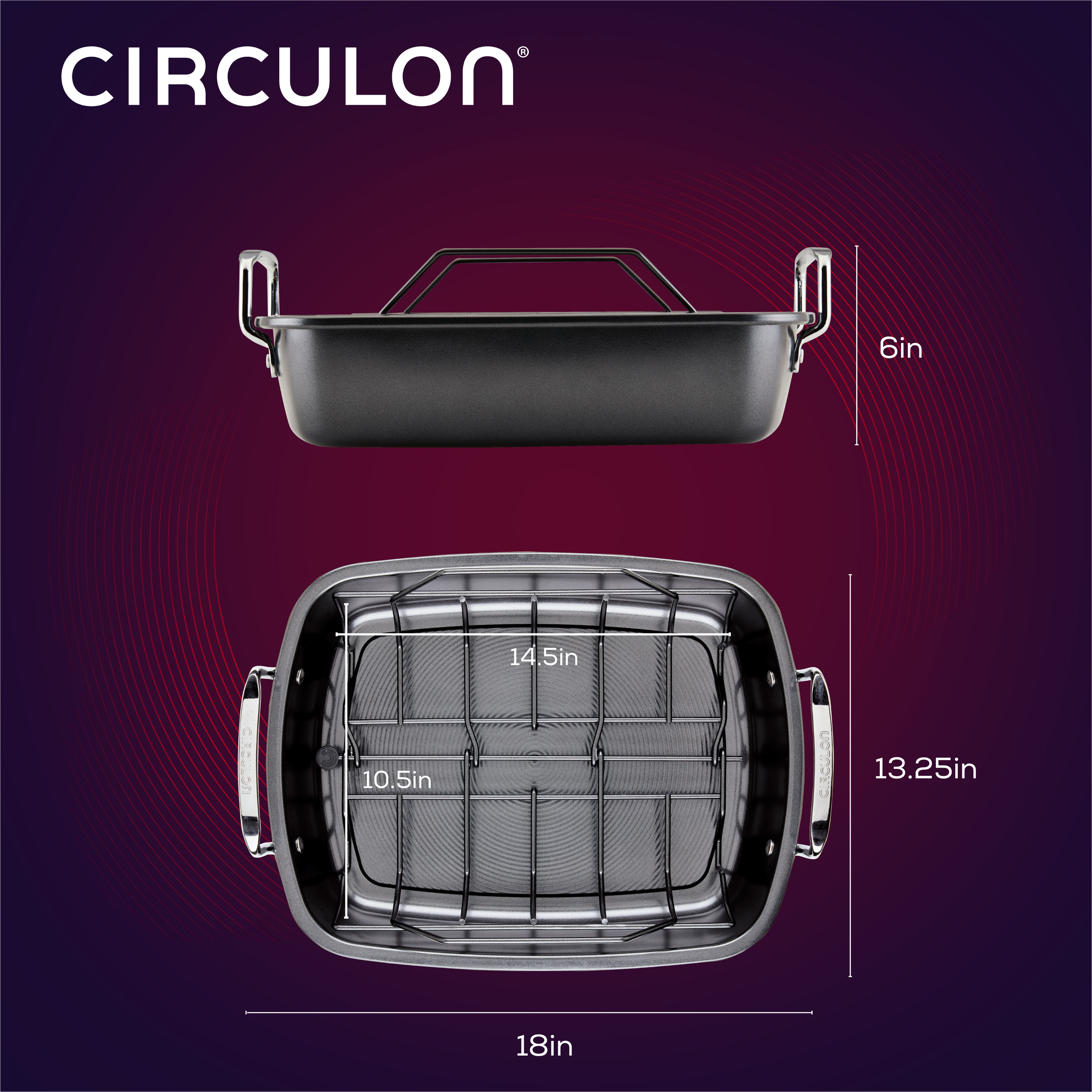 Durable steel Roasting Pan: Nonstick Roaster Pan with Easy Serve Rack, featuring nonstick handles and a removable rack; dimensions: 18" x 13.25" x 6".