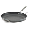 The 14-Inch Nonstick Frying Pan is expertly crafted from hard-anodized aluminum and features a durable metal handle along with a convenient helper handle.