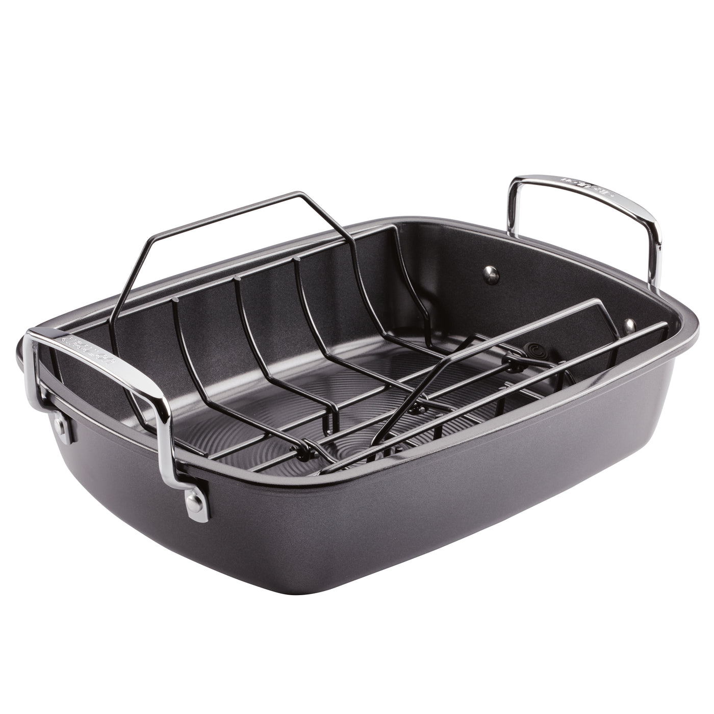 Sturdy steel roasting pan featuring a removable, easy serve rack and nonstick handles.