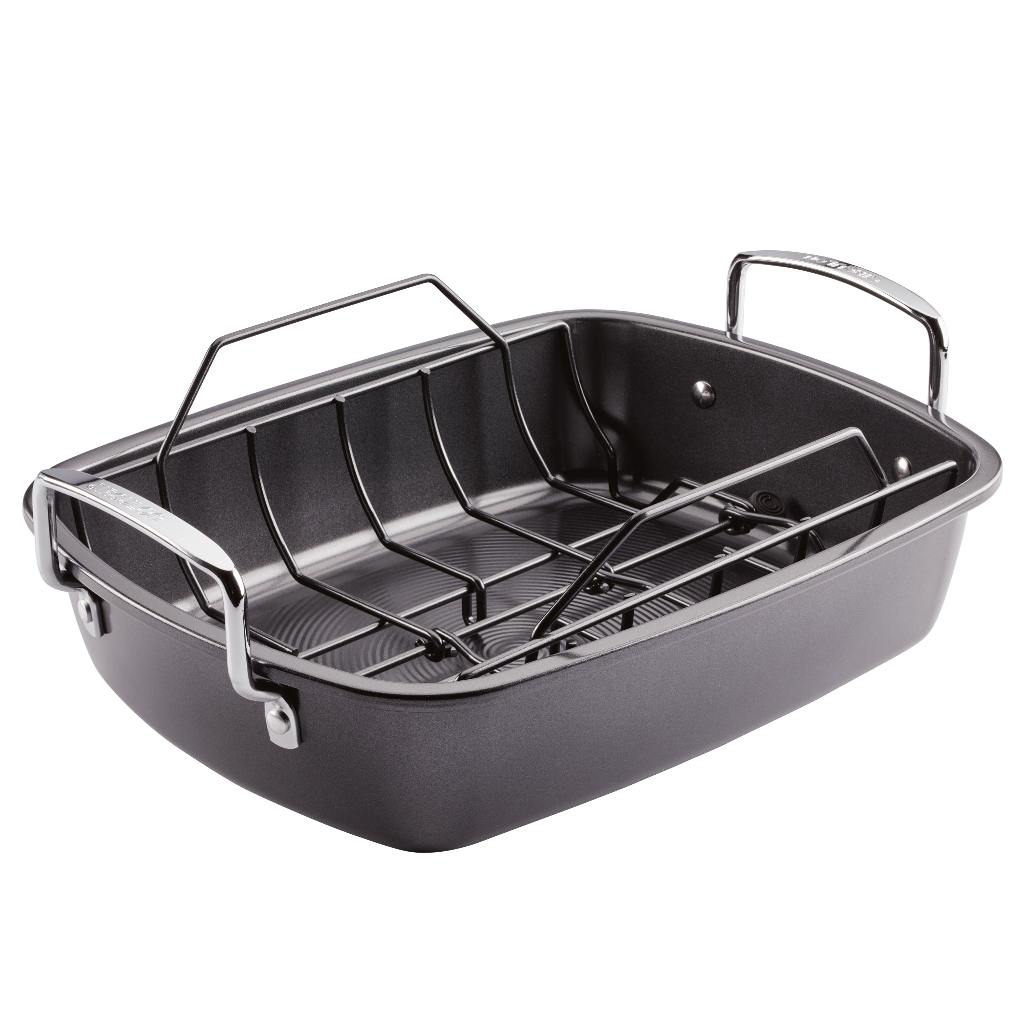 Sturdy steel roasting pan featuring a removable, easy serve rack and nonstick handles.