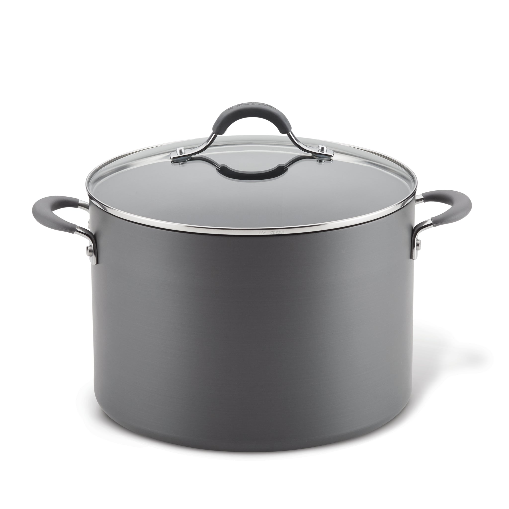 The 10-Quart Pot: Large Nonstick Stockpot, made from hard-anodized aluminum, comes with a glass lid and black handles for durability and even cooking.